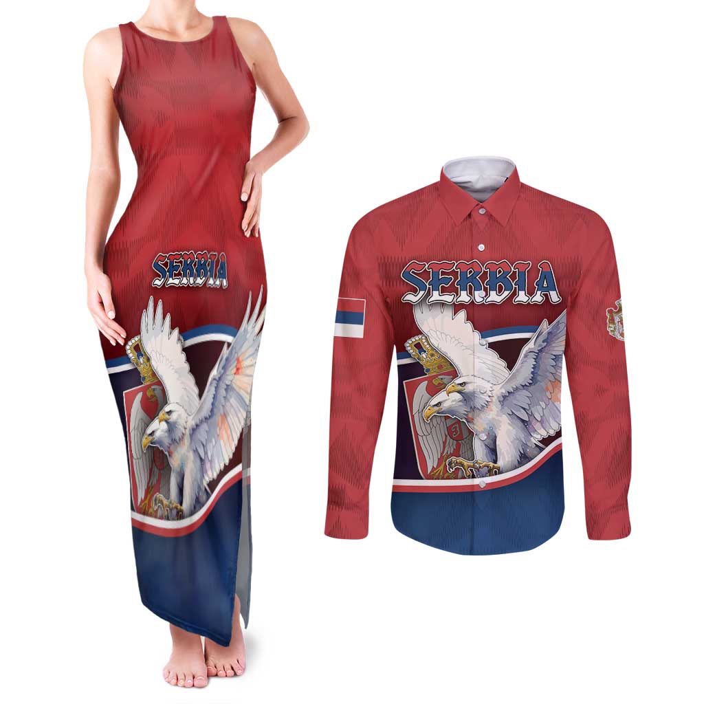 Personalized Serbia Couples Matching Tank Maxi Dress and Long Sleeve Button Shirt White Double Headed Eagle With Coat Of Arms - Wonder Print Shop
