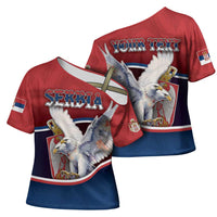 Personalized Serbia Cross Shoulder Shirt White Double Headed Eagle With Coat Of Arms - Wonder Print Shop