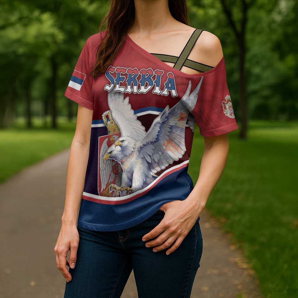 Personalized Serbia Cross Shoulder Shirt White Double Headed Eagle With Coat Of Arms - Wonder Print Shop