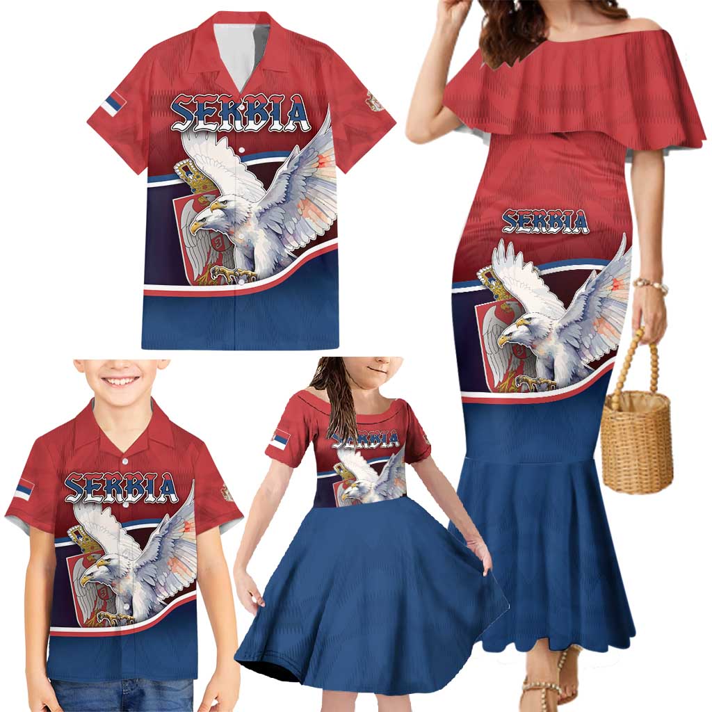Personalized Serbia Family Matching Mermaid Dress and Hawaiian Shirt White Double Headed Eagle With Coat Of Arms - Wonder Print Shop