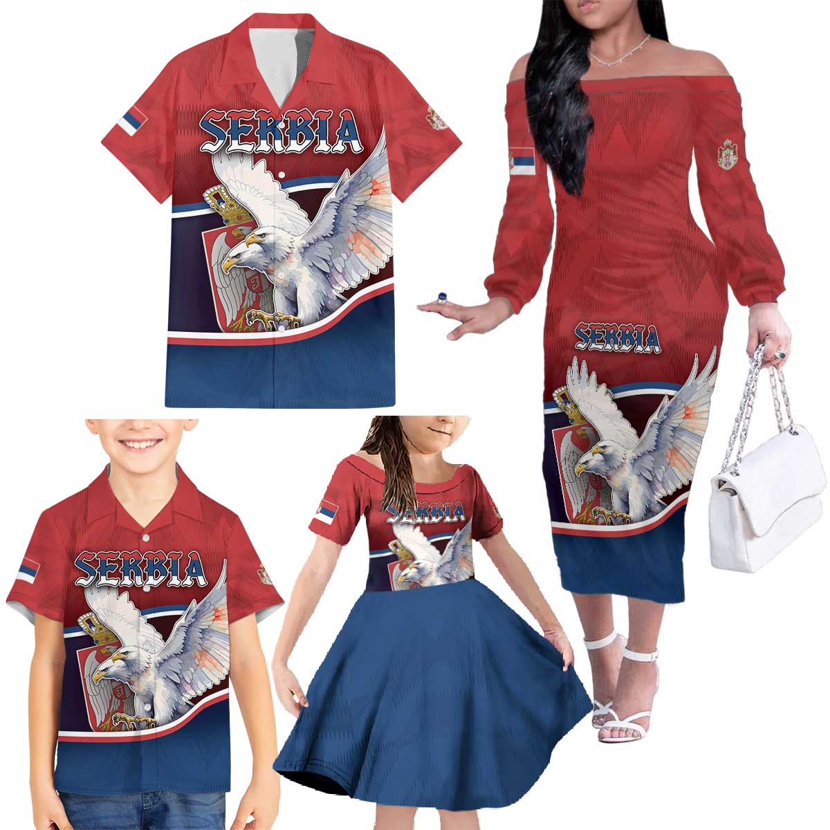 Personalized Serbia Family Matching Off The Shoulder Long Sleeve Dress and Hawaiian Shirt White Double Headed Eagle With Coat Of Arms - Wonder Print Shop