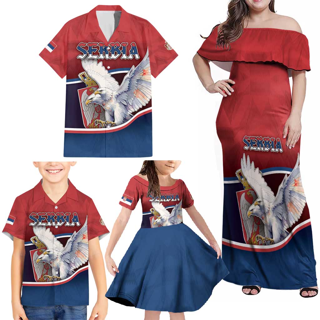 Personalized Serbia Family Matching Off Shoulder Maxi Dress and Hawaiian Shirt White Double Headed Eagle With Coat Of Arms - Wonder Print Shop