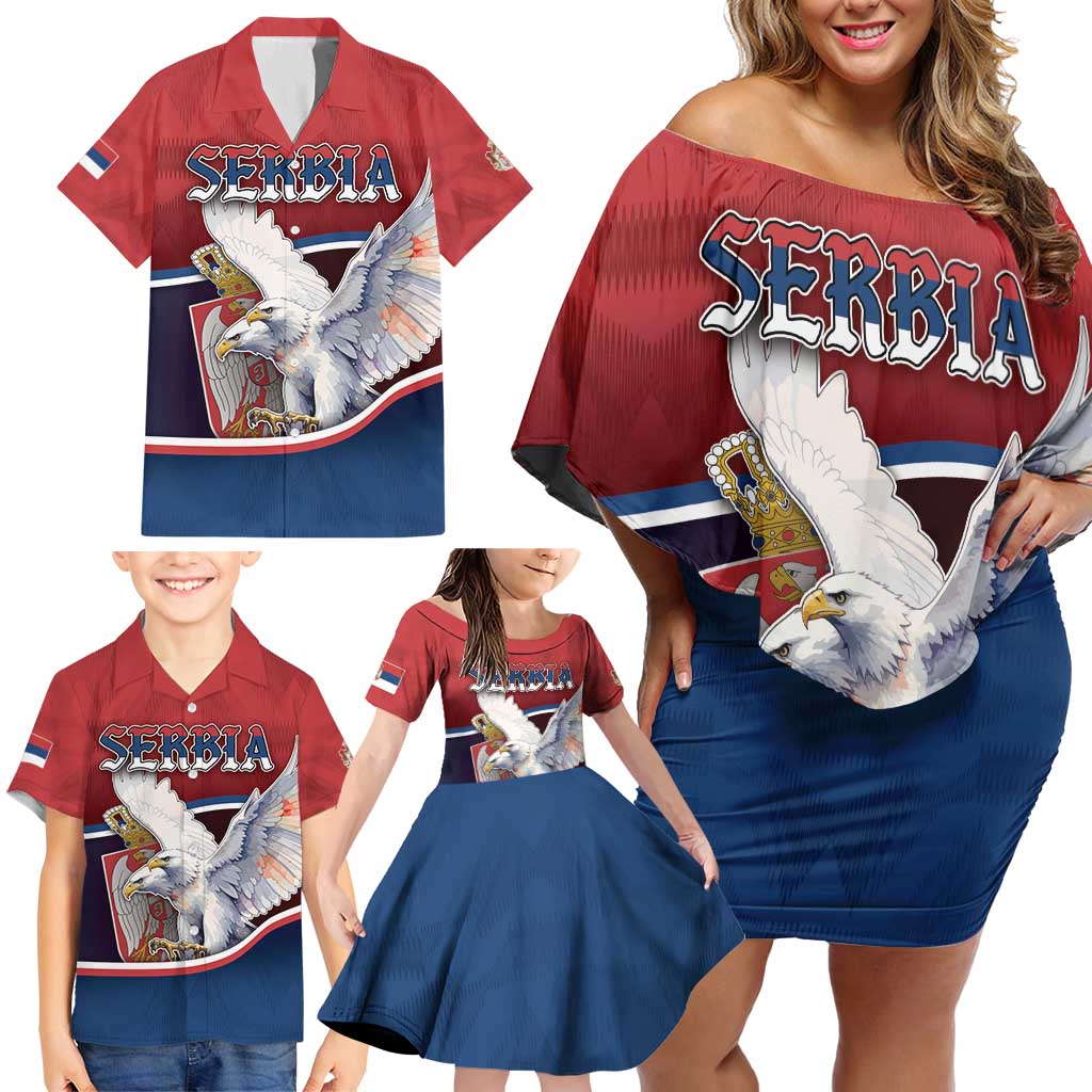 Personalized Serbia Family Matching Off Shoulder Short Dress and Hawaiian Shirt White Double Headed Eagle With Coat Of Arms - Wonder Print Shop