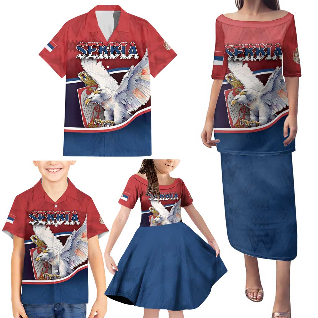 Personalized Serbia Family Matching Puletasi and Hawaiian Shirt White Double Headed Eagle With Coat Of Arms - Wonder Print Shop
