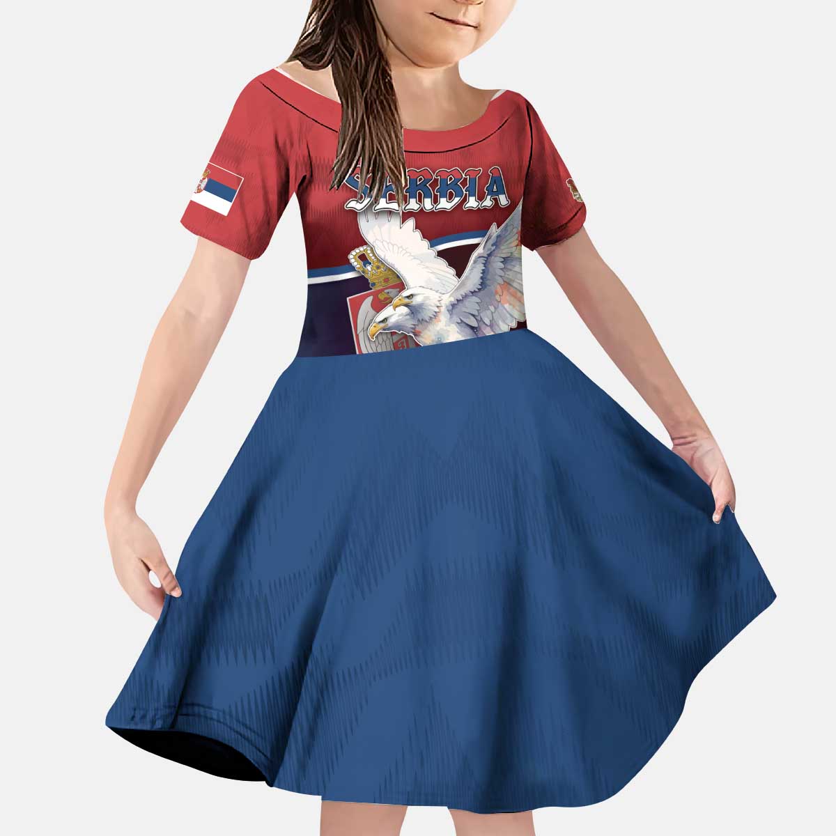 Personalized Serbia Kid Short Sleeve Dress White Double Headed Eagle With Coat Of Arms - Wonder Print Shop