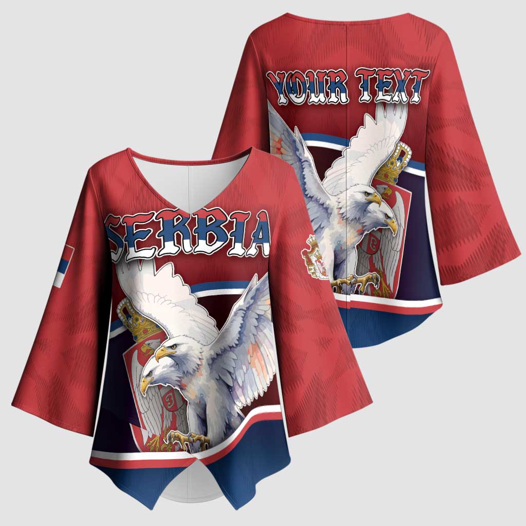 Personalized Serbia Kimono Sleeve Blouse White Double Headed Eagle With Coat Of Arms - Wonder Print Shop