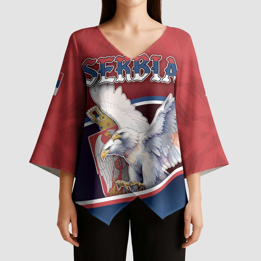 Personalized Serbia Kimono Sleeve Blouse White Double Headed Eagle With Coat Of Arms - Wonder Print Shop