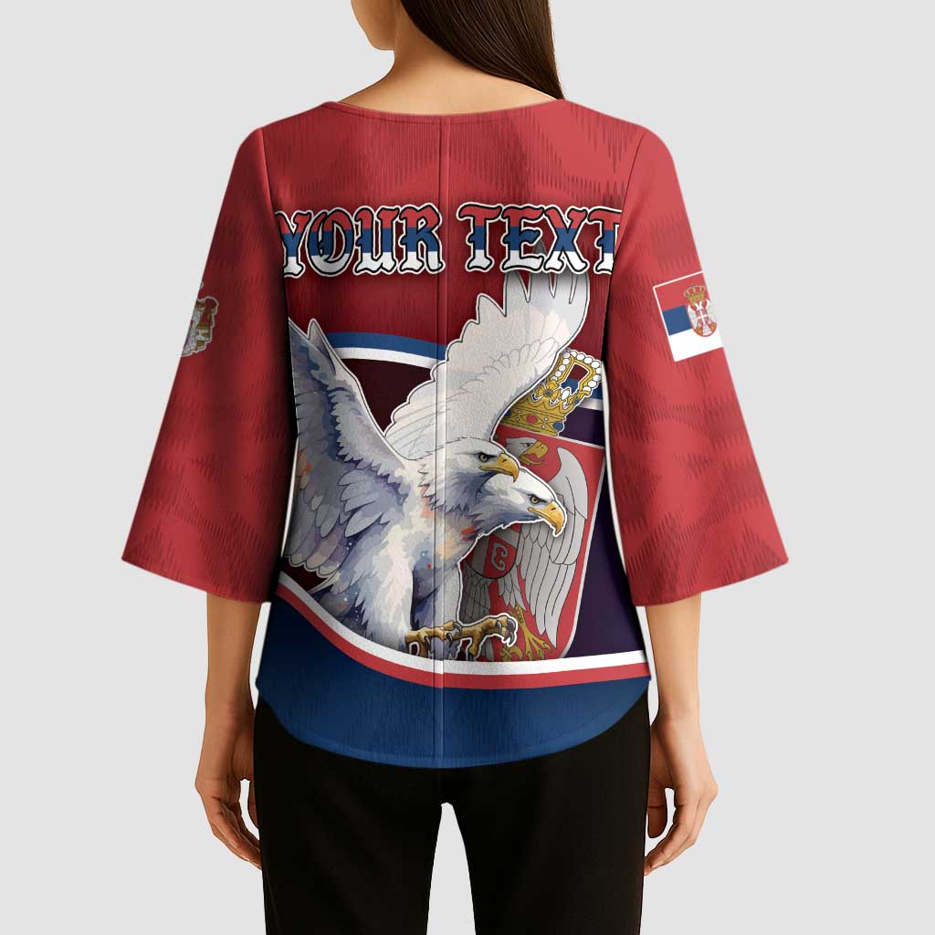 Personalized Serbia Kimono Sleeve Blouse White Double Headed Eagle With Coat Of Arms - Wonder Print Shop