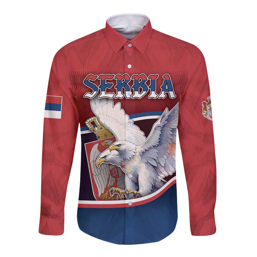 Personalized Serbia Long Sleeve Button Shirt White Double Headed Eagle With Coat Of Arms - Wonder Print Shop