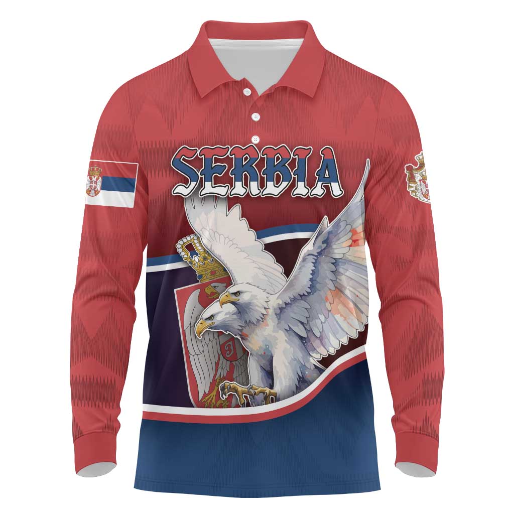 Personalized Serbia Long Sleeve Polo Shirt White Double Headed Eagle With Coat Of Arms - Wonder Print Shop