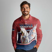 Personalized Serbia Long Sleeve Polo Shirt White Double Headed Eagle With Coat Of Arms - Wonder Print Shop
