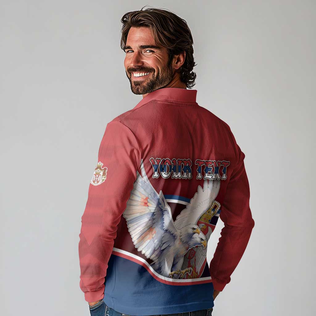 Personalized Serbia Long Sleeve Polo Shirt White Double Headed Eagle With Coat Of Arms - Wonder Print Shop