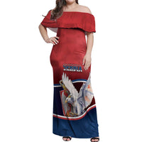 Personalized Serbia Off Shoulder Maxi Dress White Double Headed Eagle With Coat Of Arms - Wonder Print Shop