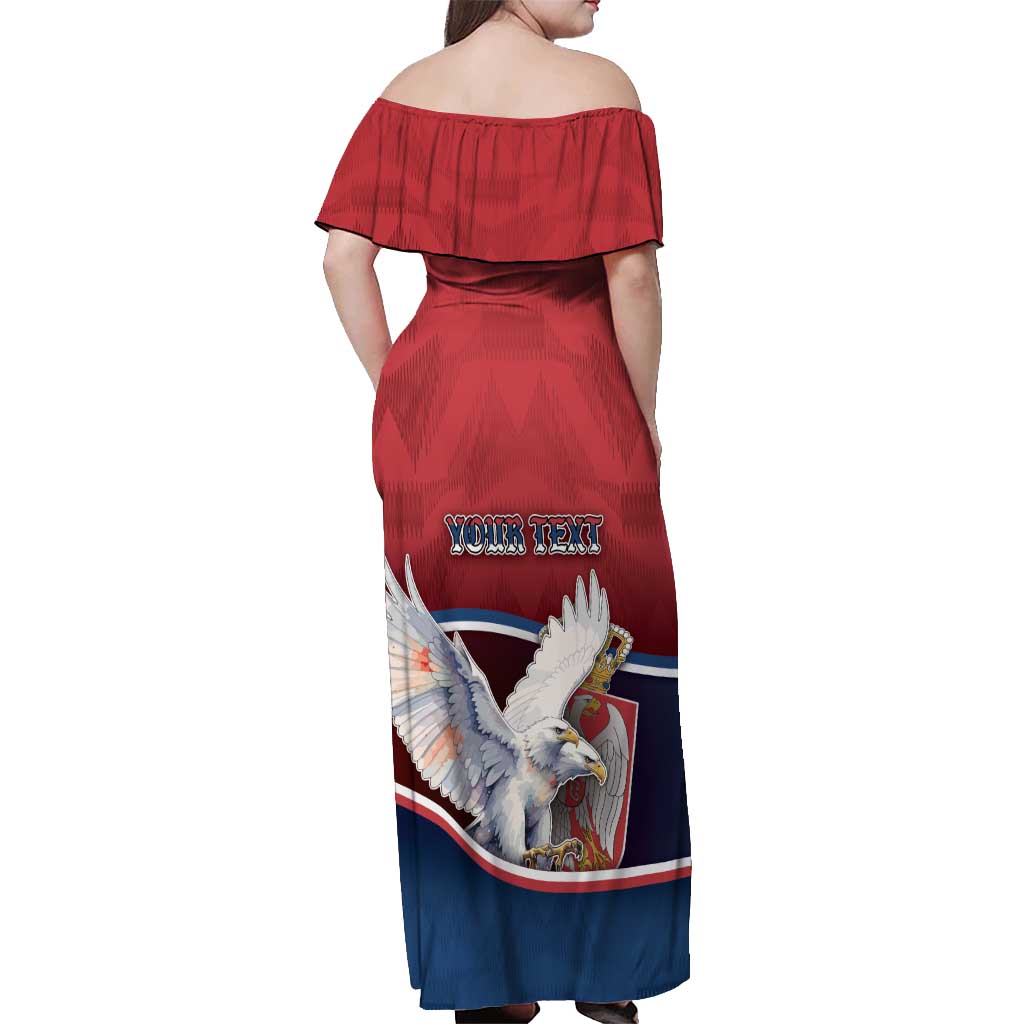 Personalized Serbia Off Shoulder Maxi Dress White Double Headed Eagle With Coat Of Arms - Wonder Print Shop