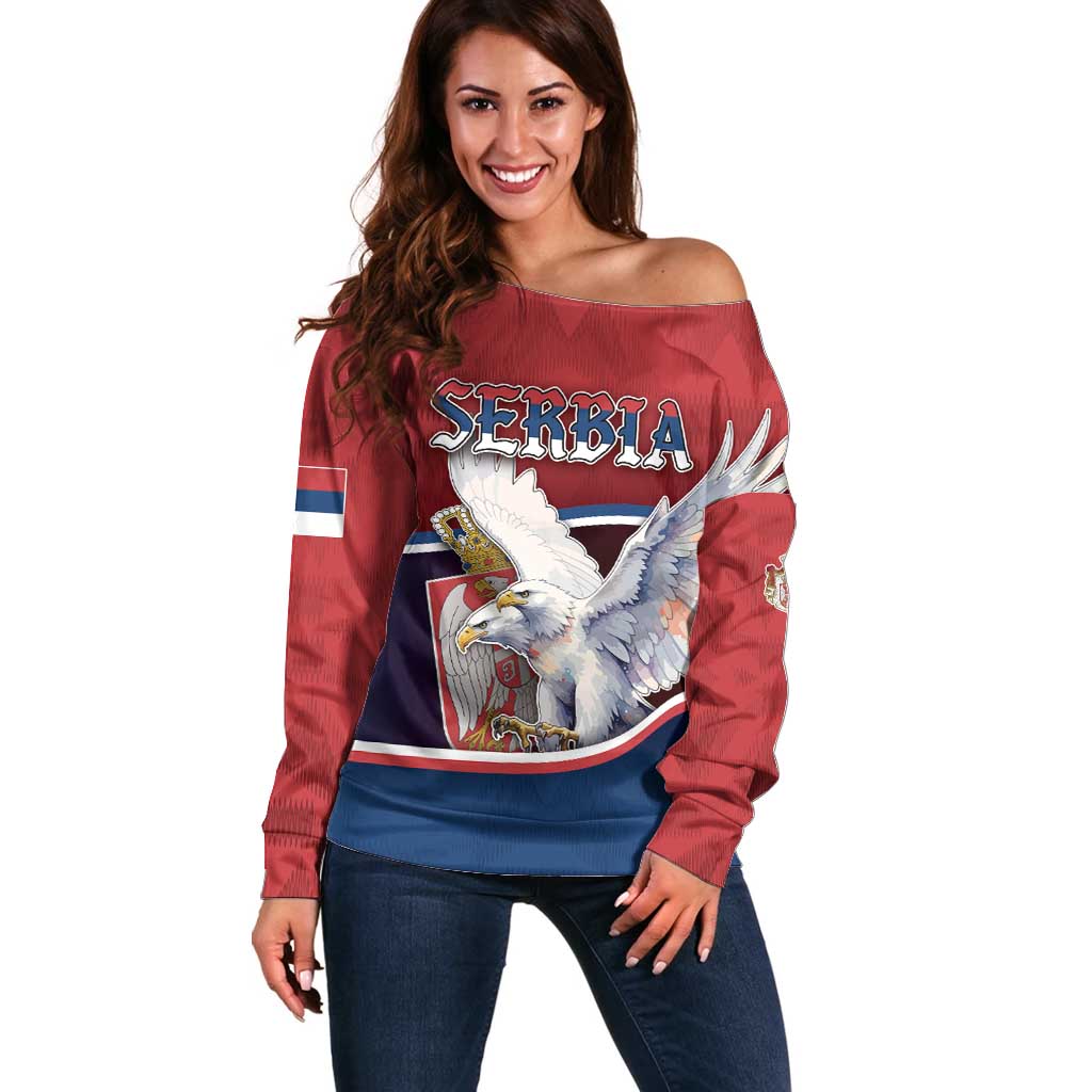 Personalized Serbia Off Shoulder Sweater White Double Headed Eagle With Coat Of Arms - Wonder Print Shop