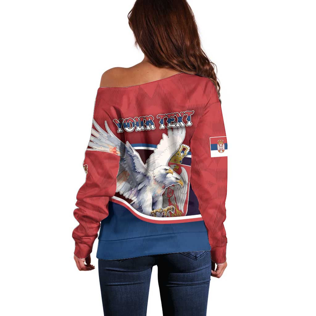 Personalized Serbia Off Shoulder Sweater White Double Headed Eagle With Coat Of Arms - Wonder Print Shop