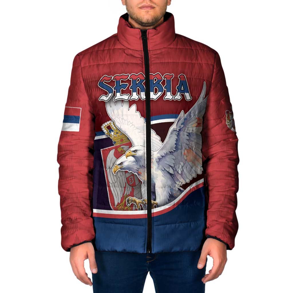Personalized Serbia Padded Jacket White Double Headed Eagle With Coat Of Arms - Wonder Print Shop