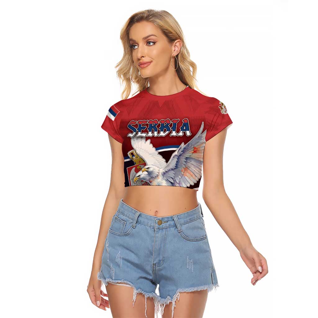 Personalized Serbia Raglan Cropped T Shirt White Double Headed Eagle With Coat Of Arms - Wonder Print Shop