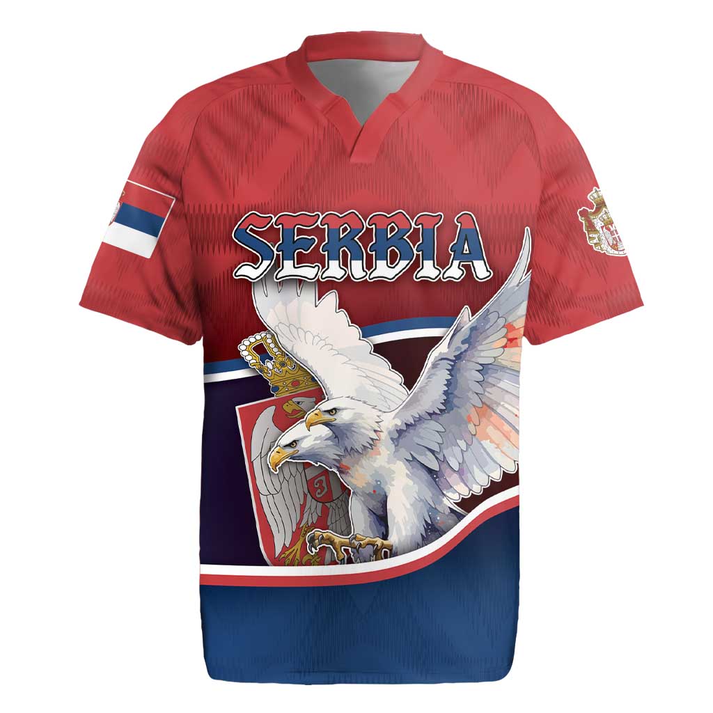 Personalized Serbia Rugby Jersey White Double Headed Eagle With Coat Of Arms - Wonder Print Shop