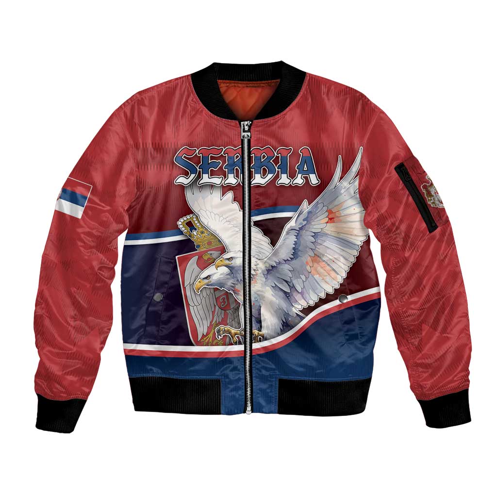 Personalized Serbia Sleeve Zip Bomber Jacket White Double Headed Eagle With Coat Of Arms - Wonder Print Shop