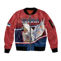 Personalized Serbia Sleeve Zip Bomber Jacket White Double Headed Eagle With Coat Of Arms - Wonder Print Shop