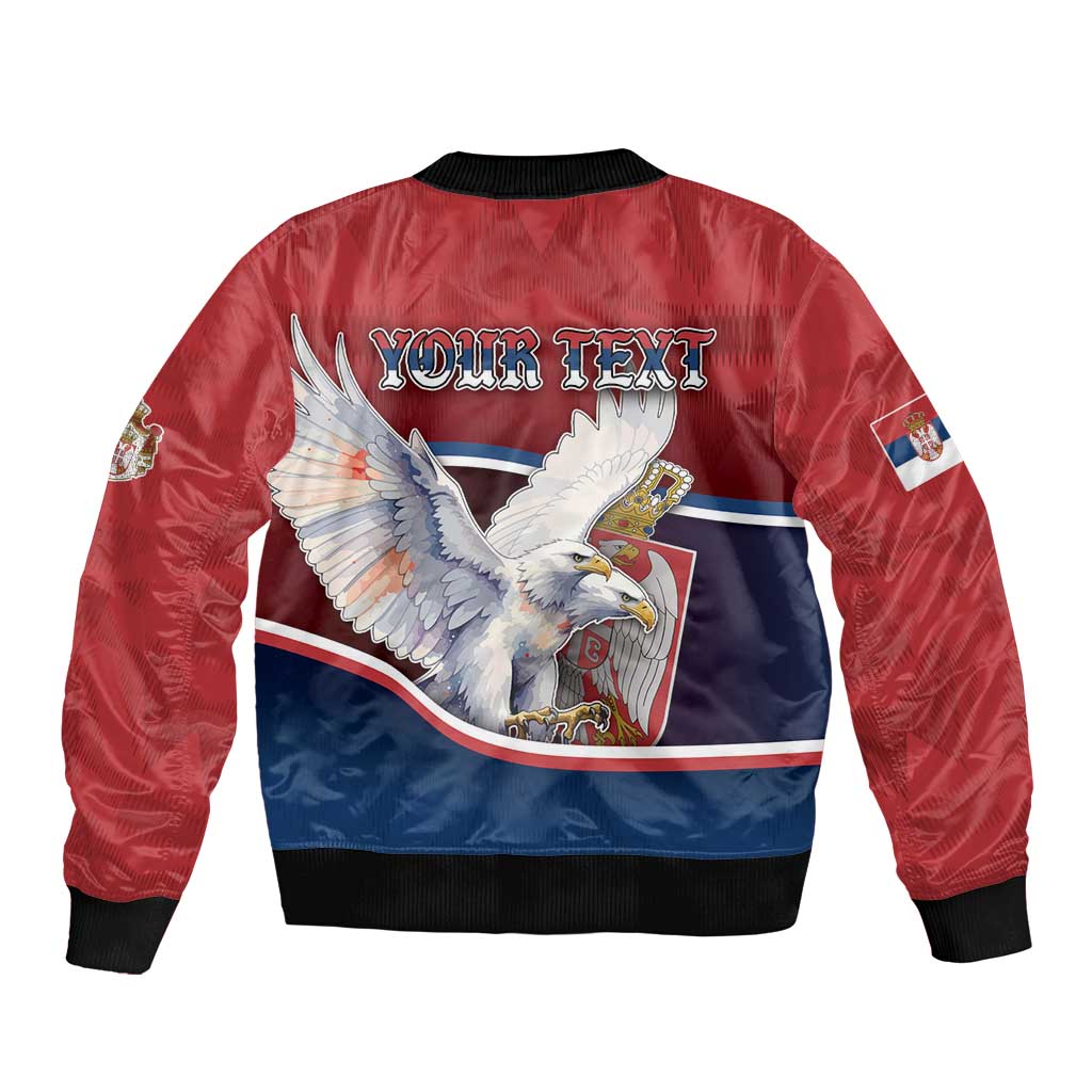 Personalized Serbia Sleeve Zip Bomber Jacket White Double Headed Eagle With Coat Of Arms - Wonder Print Shop