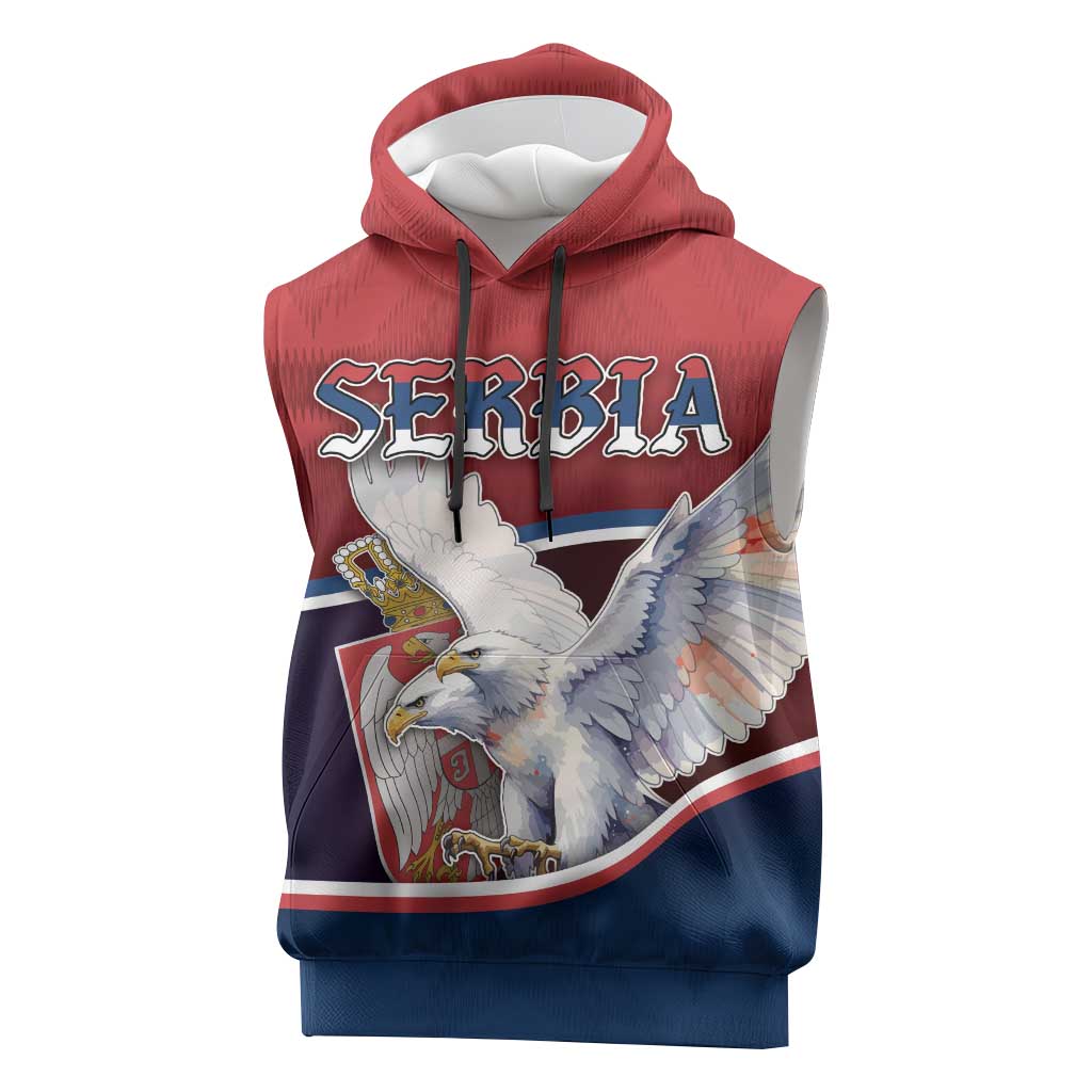 Personalized Serbia Sleeveless Hoodie White Double Headed Eagle With Coat Of Arms - Wonder Print Shop