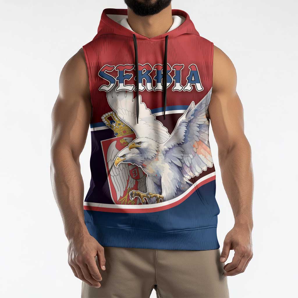 Personalized Serbia Sleeveless Hoodie White Double Headed Eagle With Coat Of Arms - Wonder Print Shop
