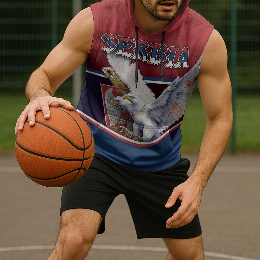 Personalized Serbia Sleeveless Hoodie White Double Headed Eagle With Coat Of Arms - Wonder Print Shop