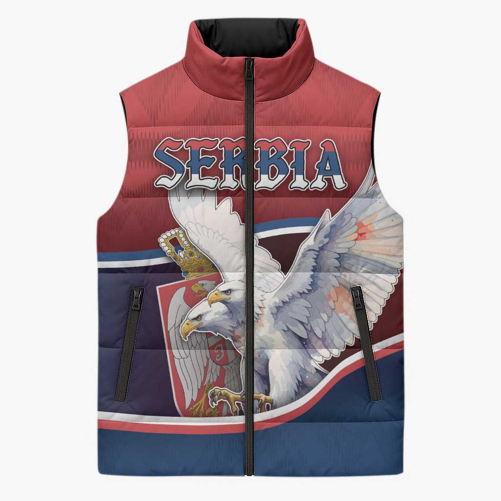 Personalized Serbia Sleeveless Puffer Jacket White Double Headed Eagle With Coat Of Arms - Wonder Print Shop