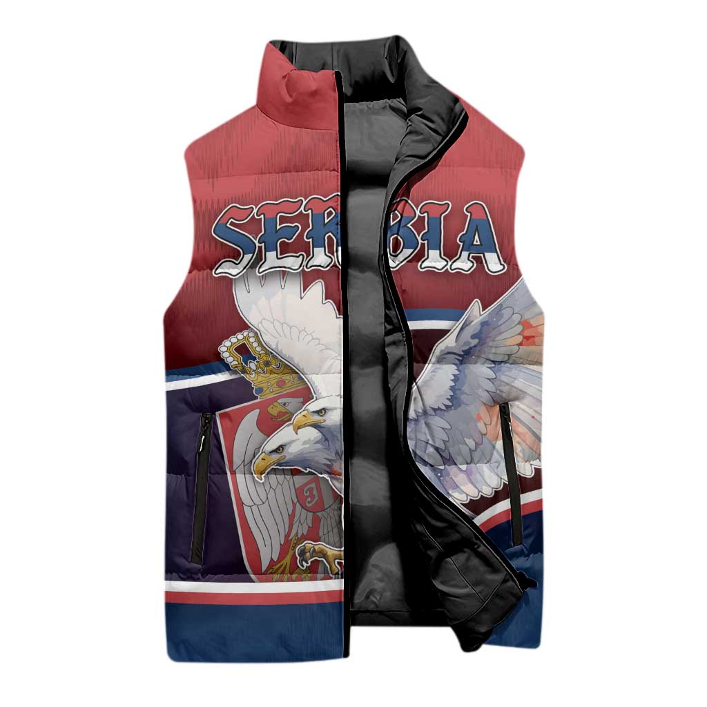 Personalized Serbia Sleeveless Puffer Jacket White Double Headed Eagle With Coat Of Arms - Wonder Print Shop