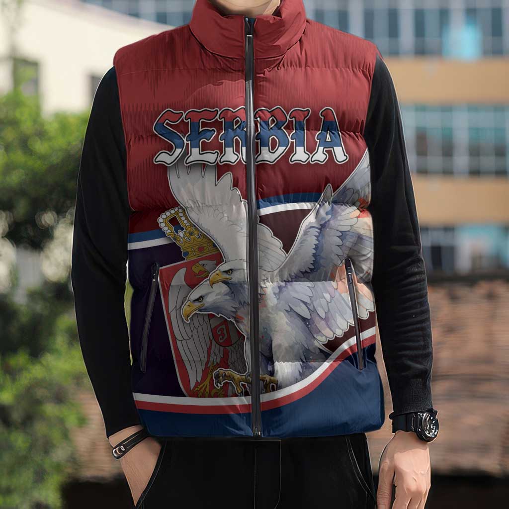 Personalized Serbia Sleeveless Puffer Jacket White Double Headed Eagle With Coat Of Arms - Wonder Print Shop