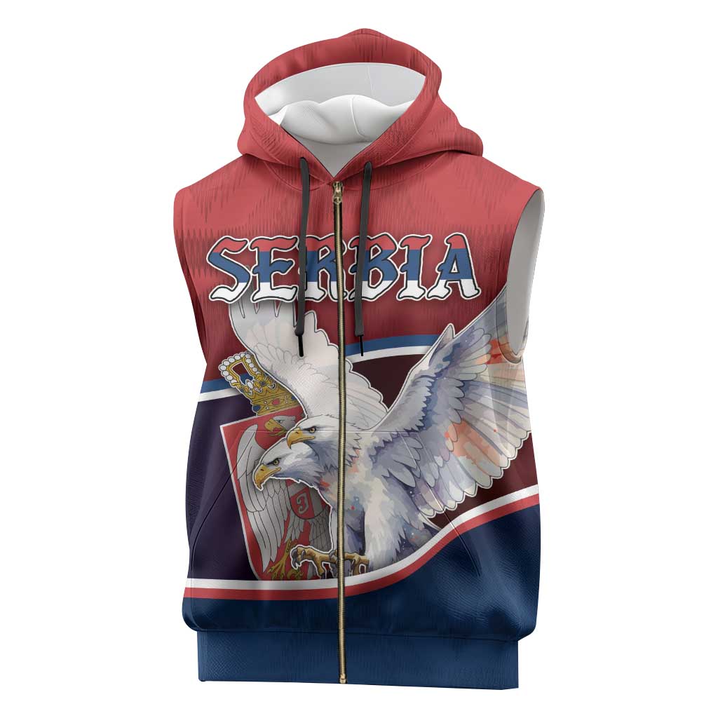 Personalized Serbia Sleeveless Zip Hoodie White Double Headed Eagle With Coat Of Arms - Wonder Print Shop