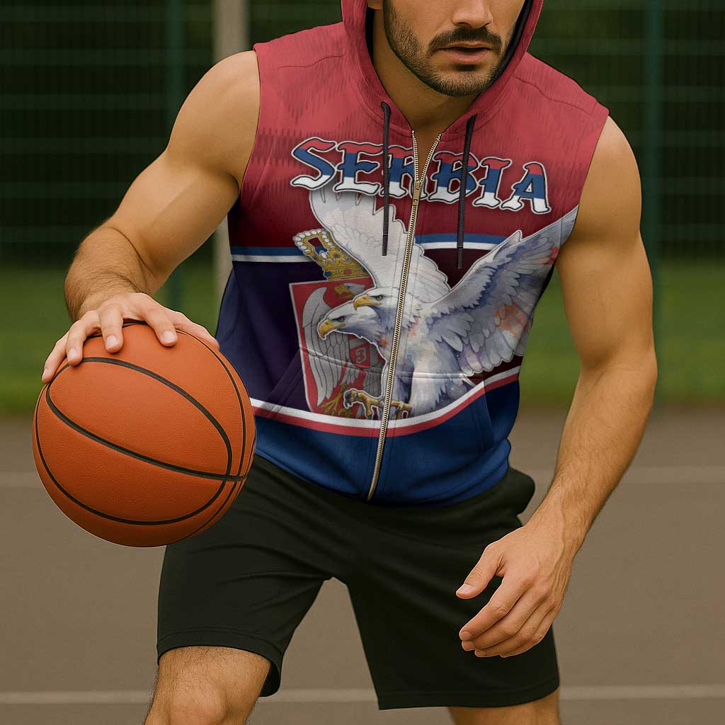 Personalized Serbia Sleeveless Zip Hoodie White Double Headed Eagle With Coat Of Arms - Wonder Print Shop