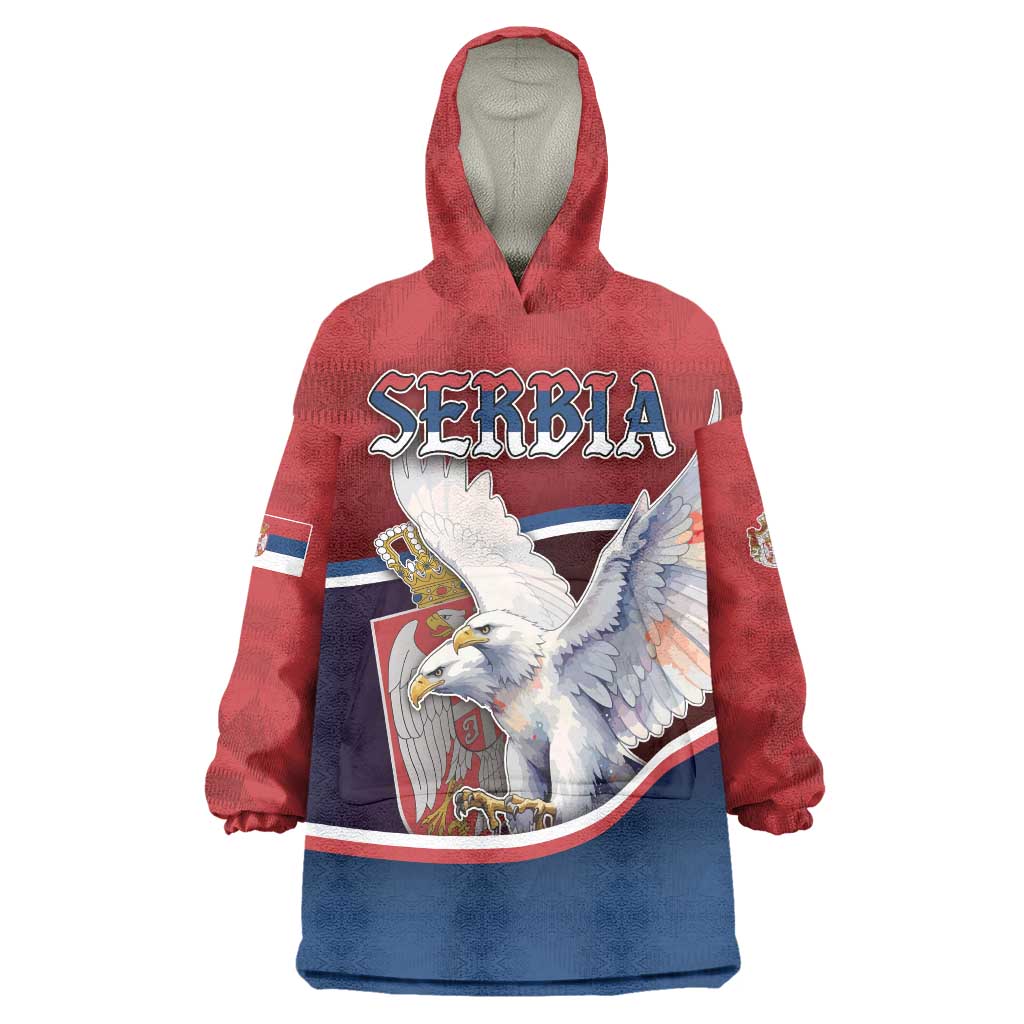 Personalized Serbia Wearable Blanket Hoodie White Double Headed Eagle With Coat Of Arms - Wonder Print Shop