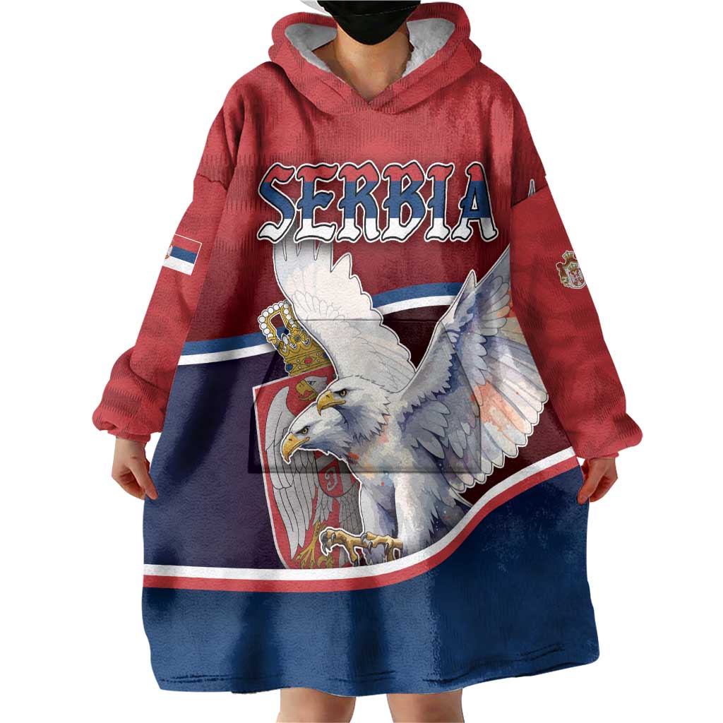 Personalized Serbia Wearable Blanket Hoodie White Double Headed Eagle With Coat Of Arms - Wonder Print Shop