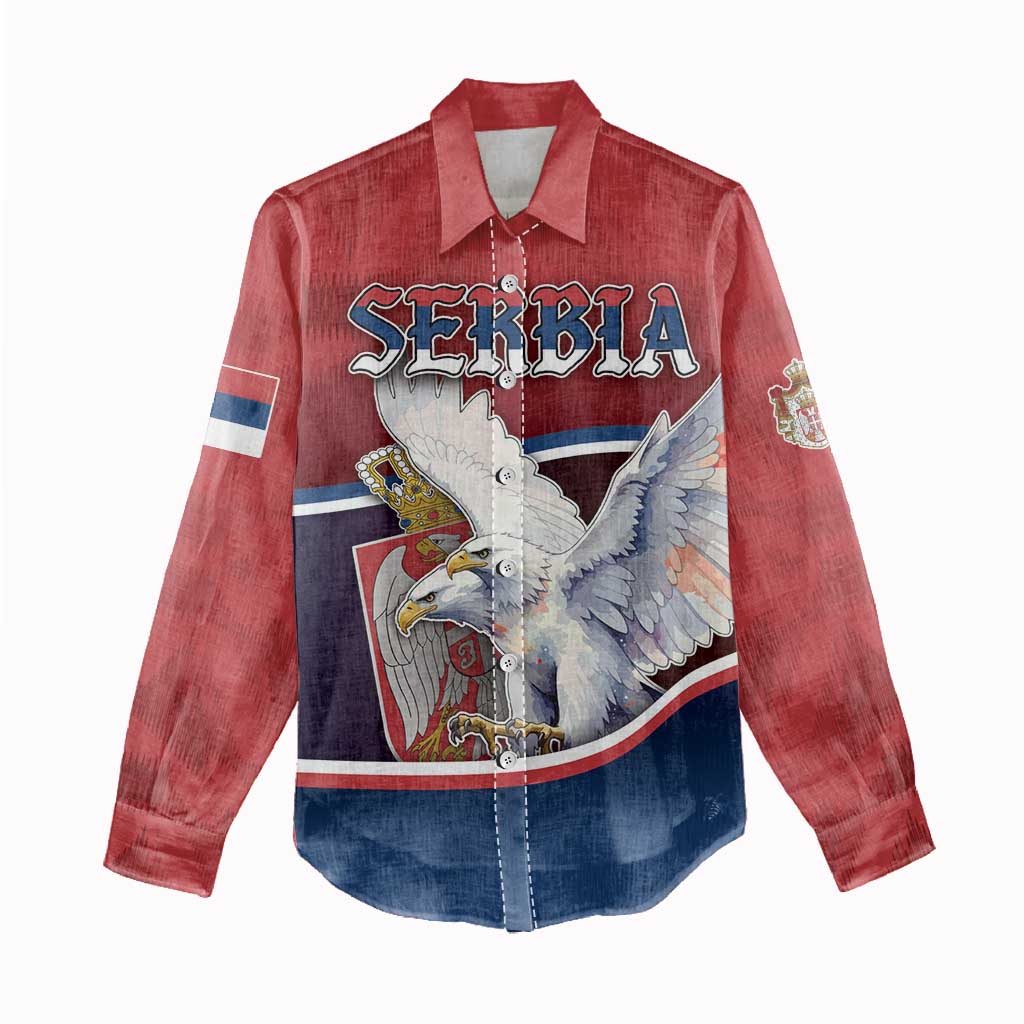 Personalized Serbia Women Casual Shirt White Double Headed Eagle With Coat Of Arms - Wonder Print Shop