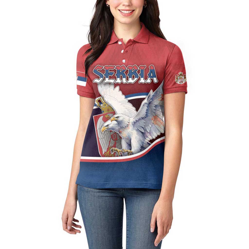 Personalized Serbia Women Polo Shirt White Double Headed Eagle With Coat Of Arms - Wonder Print Shop