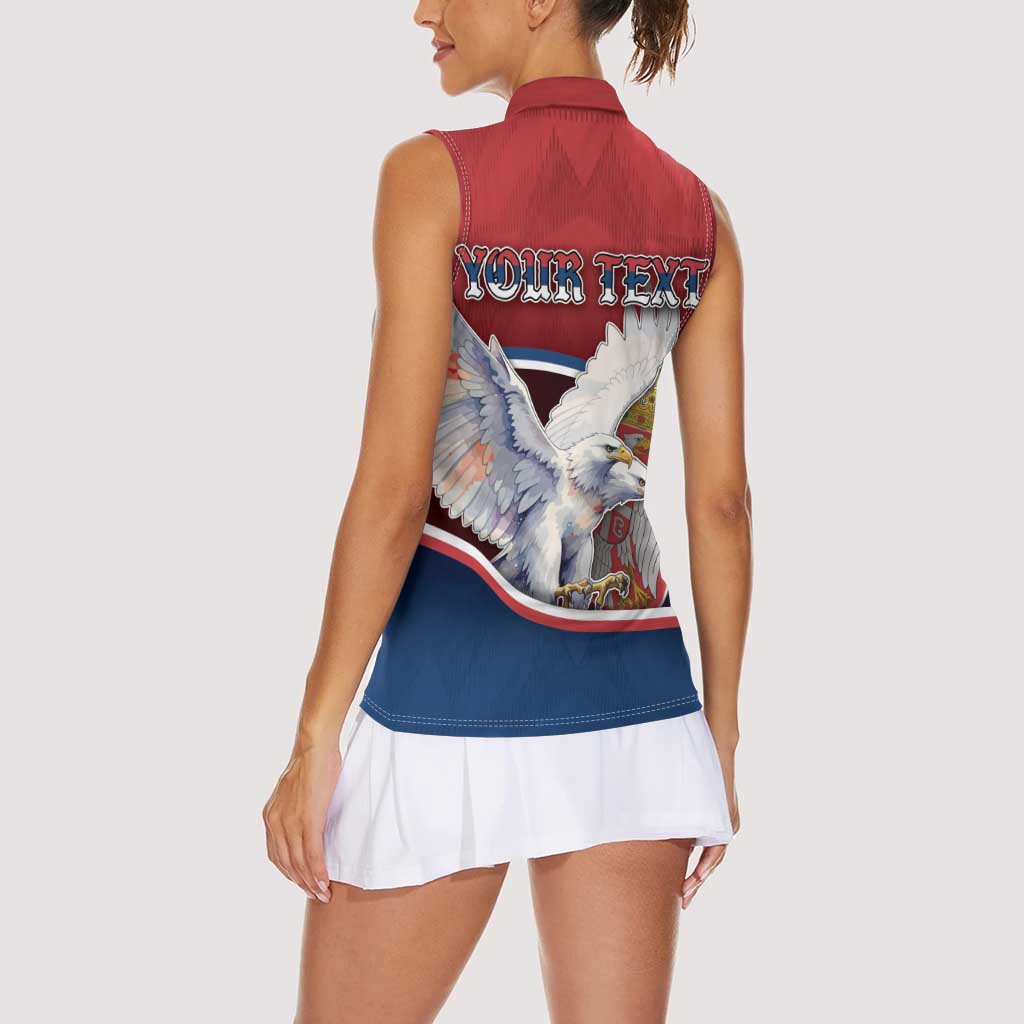 Personalized Serbia Women Sleeveless Polo Shirt White Double Headed Eagle With Coat Of Arms - Wonder Print Shop