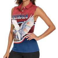 Personalized Serbia Women Sleeveless Polo Shirt White Double Headed Eagle With Coat Of Arms - Wonder Print Shop