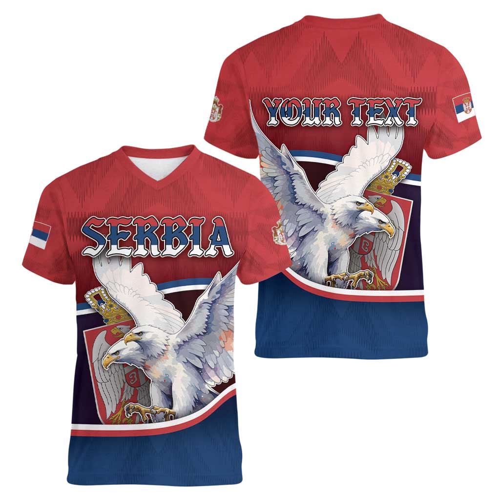 Personalized Serbia Women V-Neck T-Shirt White Double Headed Eagle With Coat Of Arms - Wonder Print Shop