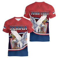 Personalized Serbia Women V-Neck T-Shirt White Double Headed Eagle With Coat Of Arms - Wonder Print Shop