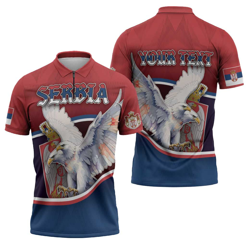 Personalized Serbia Zipper Polo Shirt White Double Headed Eagle With Coat Of Arms - Wonder Print Shop