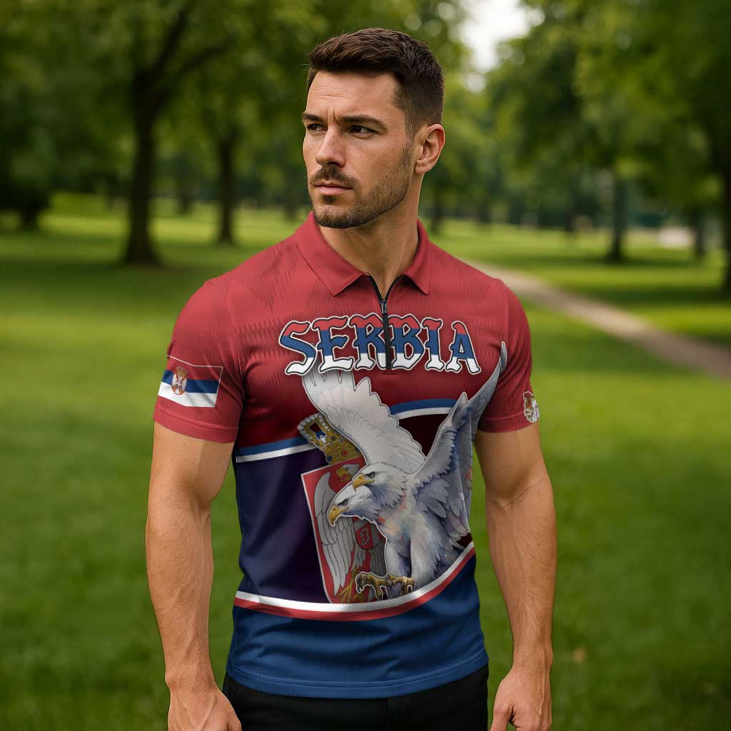 Personalized Serbia Zipper Polo Shirt White Double Headed Eagle With Coat Of Arms - Wonder Print Shop