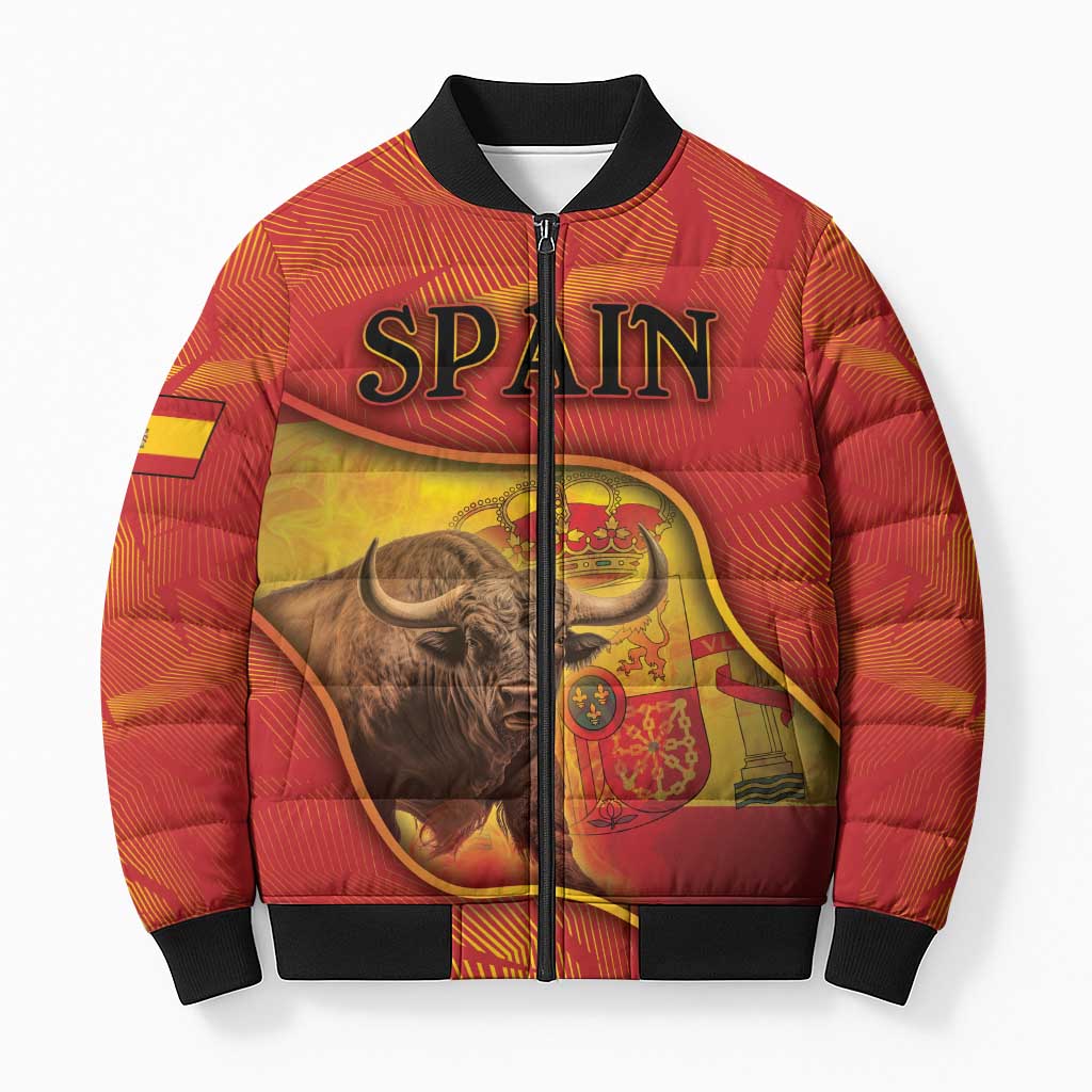 Personalized Spain Bomber Puffer Jacket The Spanish Fighting Bull With Coat Of Arms - Wonder Print Shop