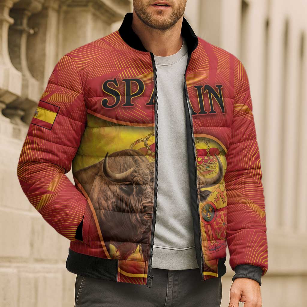 Personalized Spain Bomber Puffer Jacket The Spanish Fighting Bull With Coat Of Arms - Wonder Print Shop