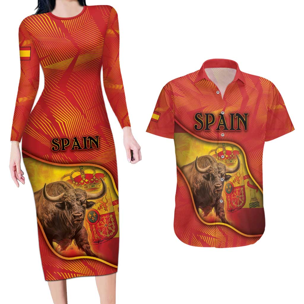 Personalized Spain Couples Matching Long Sleeve Bodycon Dress and Hawaiian Shirt The Spanish Fighting Bull With Coat Of Arms - Wonder Print Shop