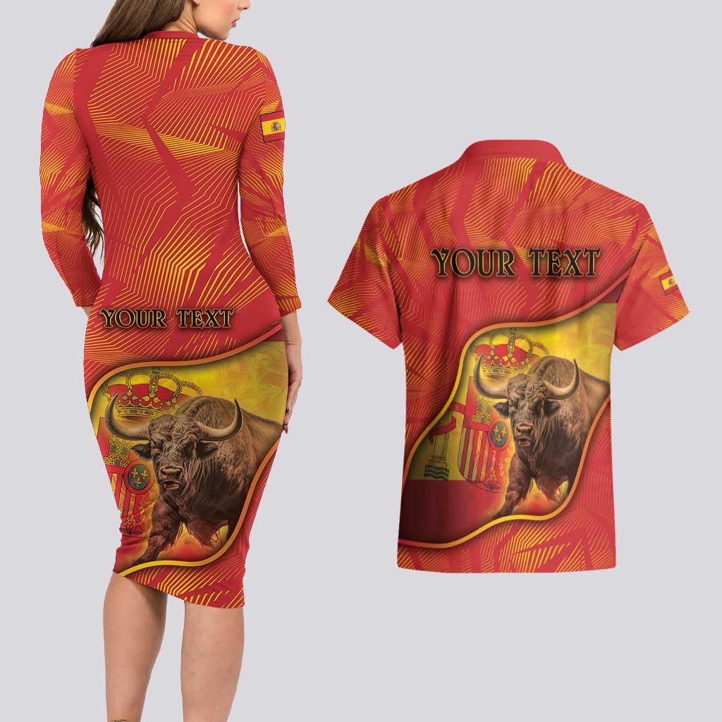 Personalized Spain Couples Matching Long Sleeve Bodycon Dress and Hawaiian Shirt The Spanish Fighting Bull With Coat Of Arms - Wonder Print Shop