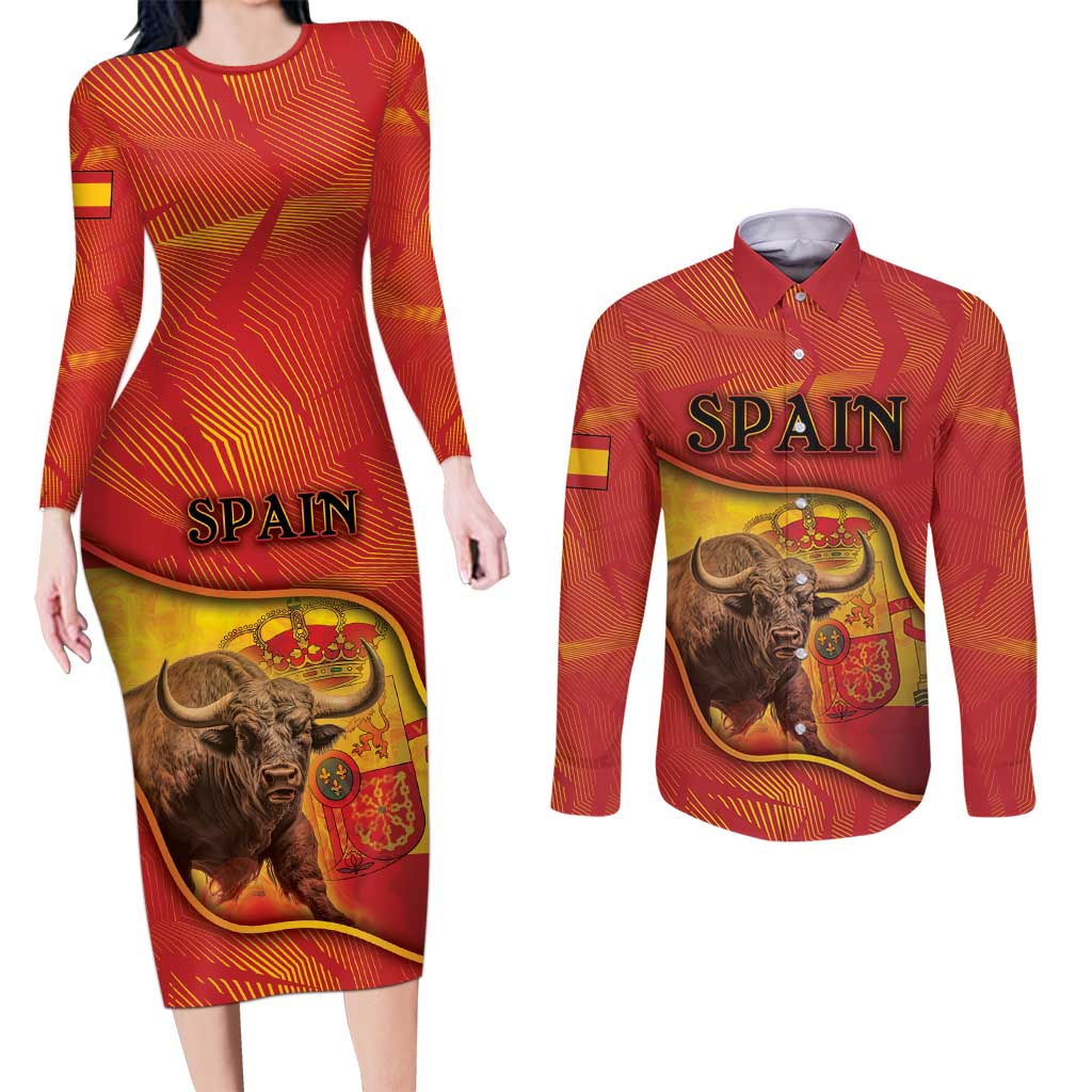 Personalized Spain Couples Matching Long Sleeve Bodycon Dress and Long Sleeve Button Shirt The Spanish Fighting Bull With Coat Of Arms - Wonder Print Shop