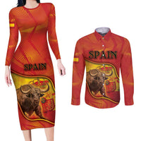 Personalized Spain Couples Matching Long Sleeve Bodycon Dress and Long Sleeve Button Shirt The Spanish Fighting Bull With Coat Of Arms - Wonder Print Shop